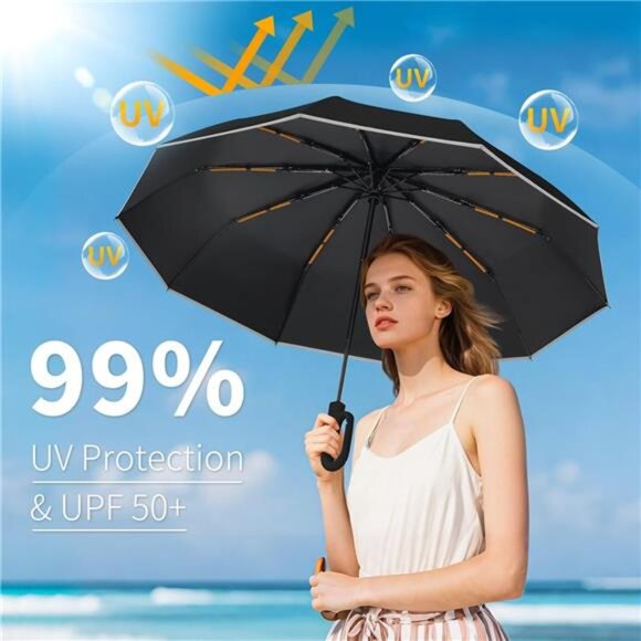 Windproof Travel Umbrella Large Compact Automatic UV Protection Rain Umbrella - Picture 7 of 8